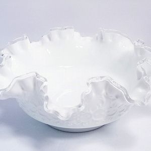 Fenton Ruffled Edge White Milk Glass Clear Edge Bowl